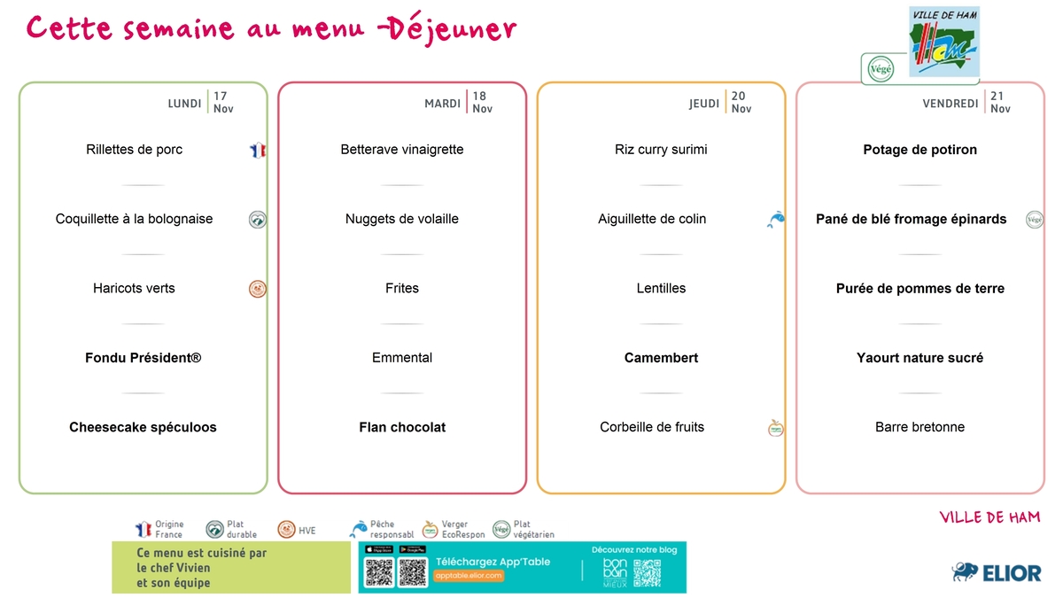 Menu scolaire Ham du 17 Novembre