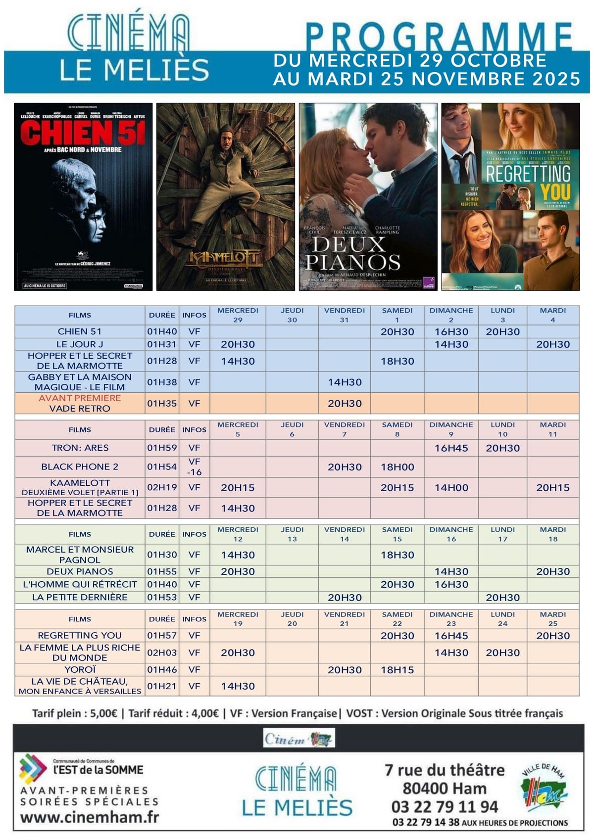 Programme cinéma de Ham novembre 2025