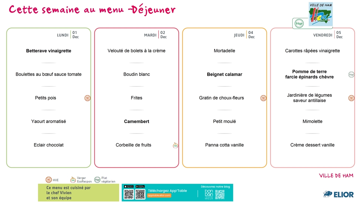 Menu 01 au 05 Décembre 2025