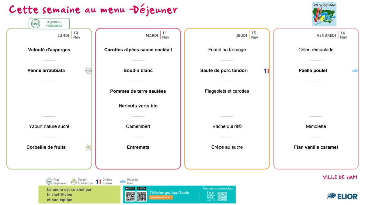Menu 10 au 14 Novembre 2025