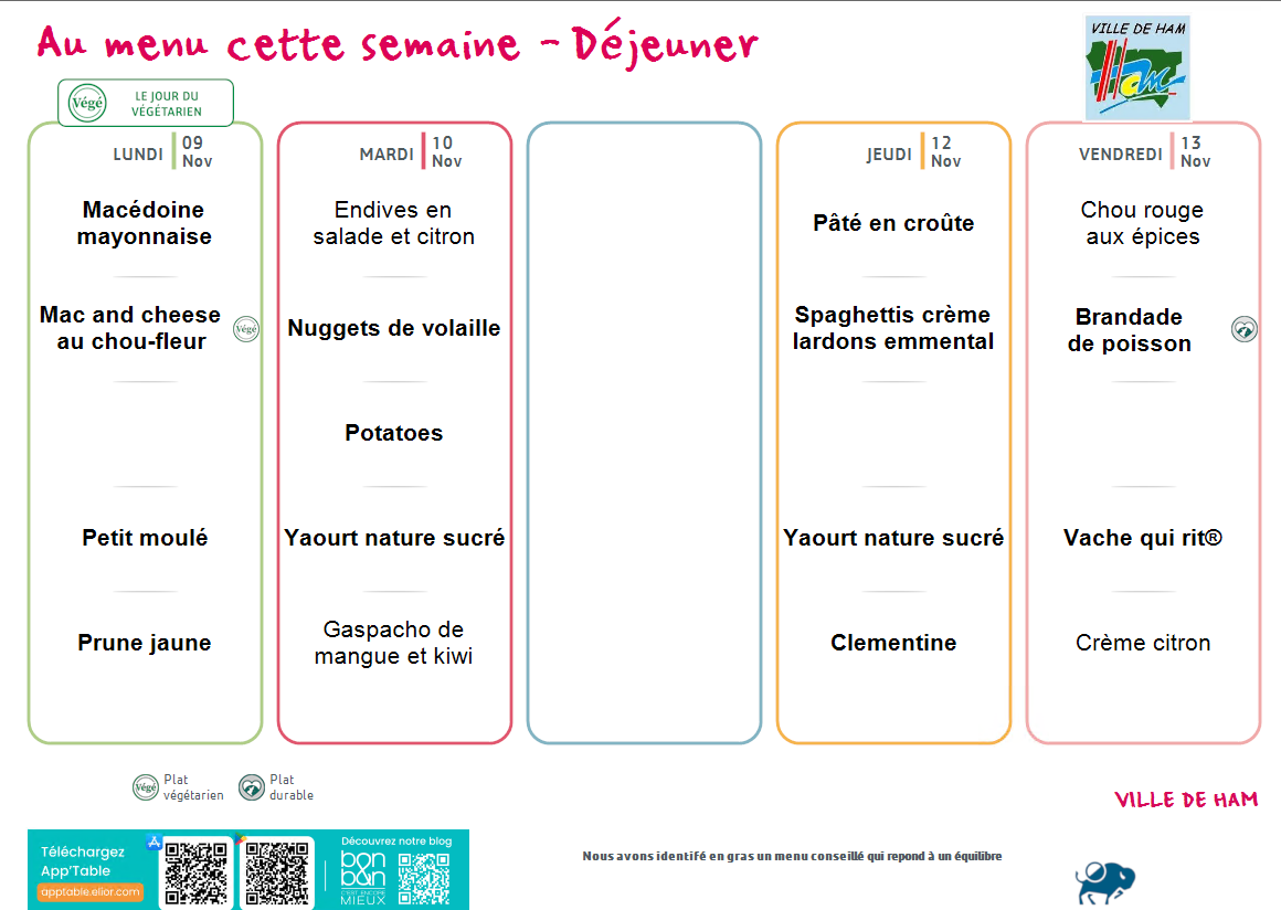 Menu cantine écoles de Ham du 09 au 13 Novembre 2026